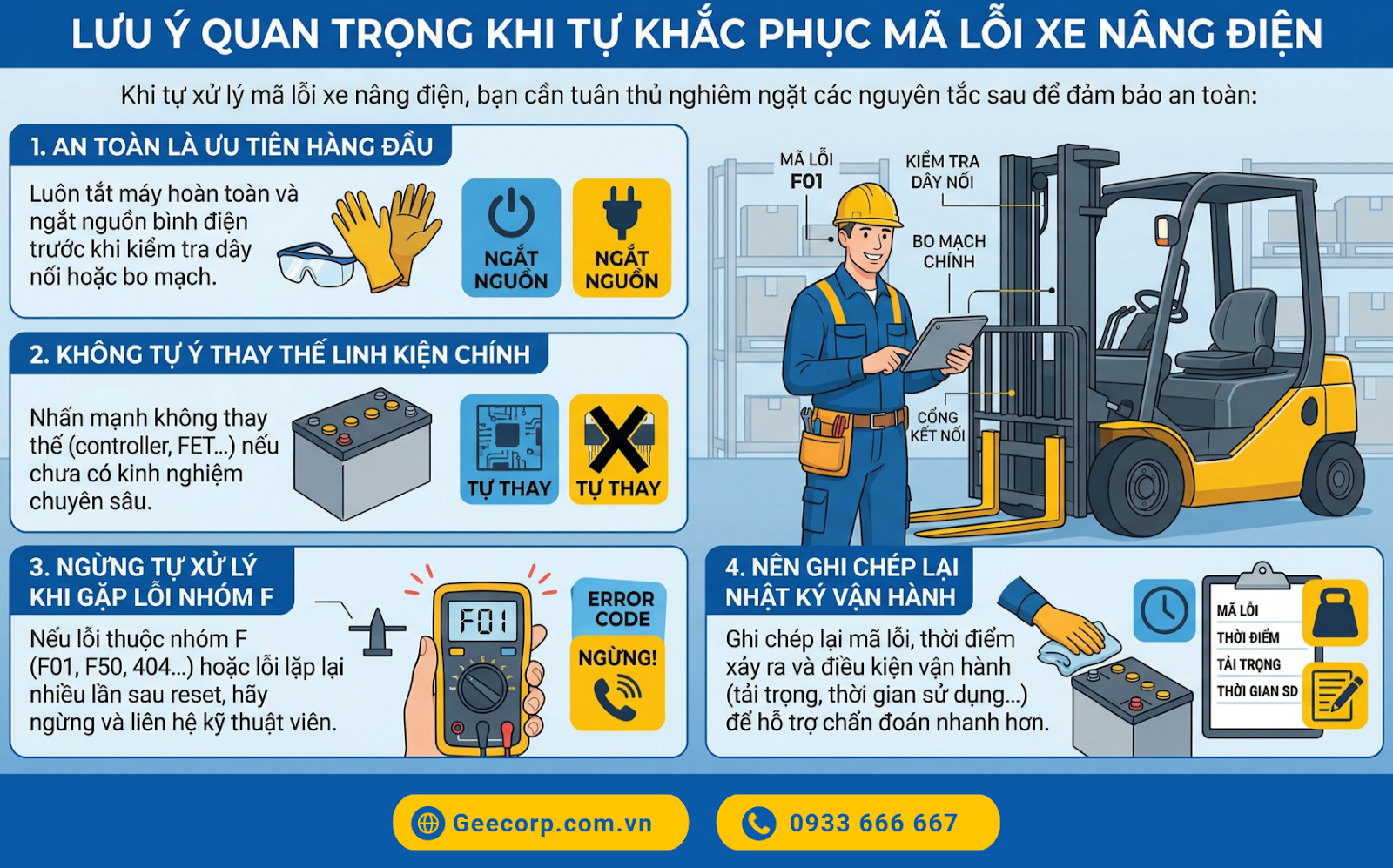 Cần tuân thủ nghiêm ngặt 4 lưu ý quan trọng khi khắc phục mã lỗi xe nâng điện