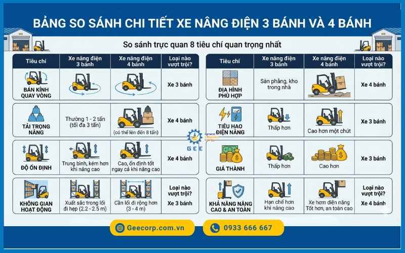 8 Tiêu chí so sánh sự khác biệt giữa xe nâng điện 3 bánh và 4 bánh