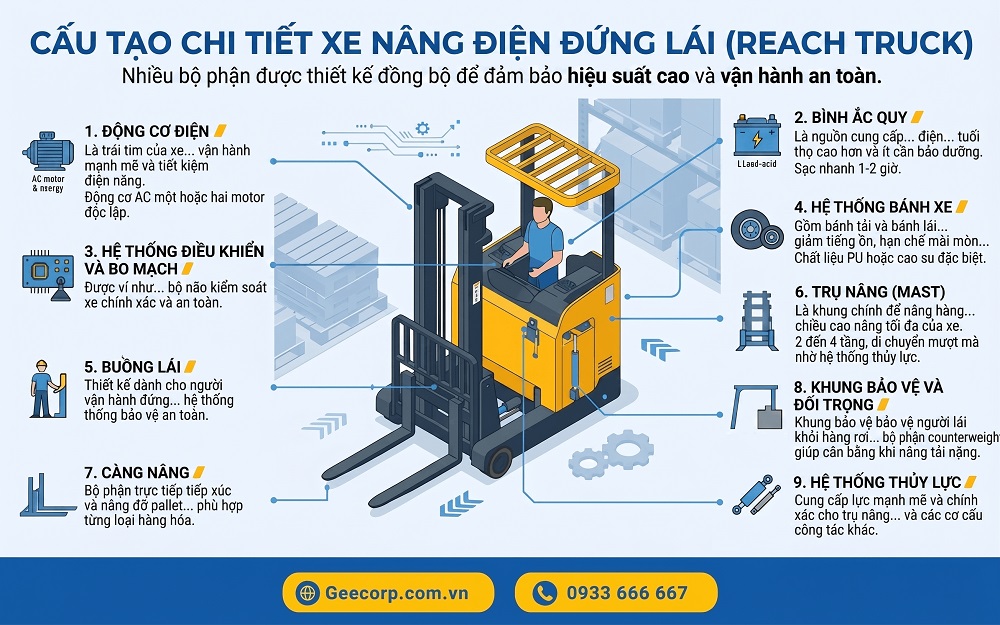 Xe nâng điện đứng lái (Reach Truck) gồm có 9 bộ phận chính được thiết kế đồng bộ