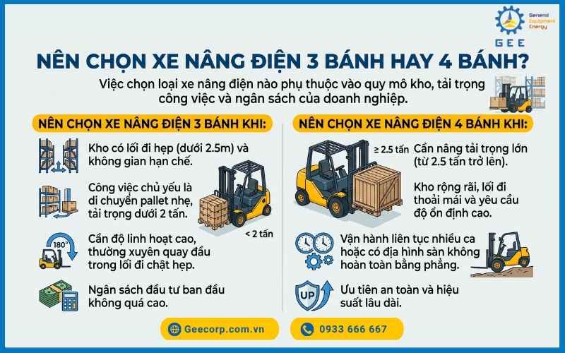 Chọn loại xe nâng điện tùy thuộc vào quy mô kho, tải trọng và ngân sách của doanh nghiệp