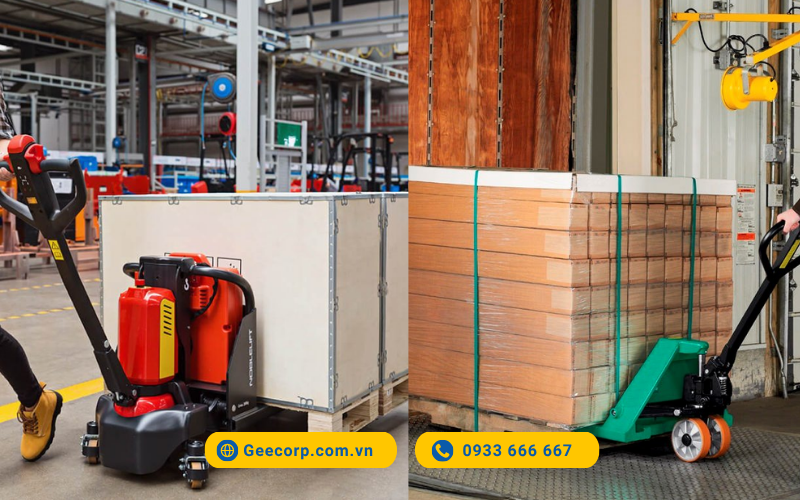  Xe nâng tay điện (trái) và xe nâng tay cơ (phải) khác biệt về cơ chế vận hành và hiệu suất