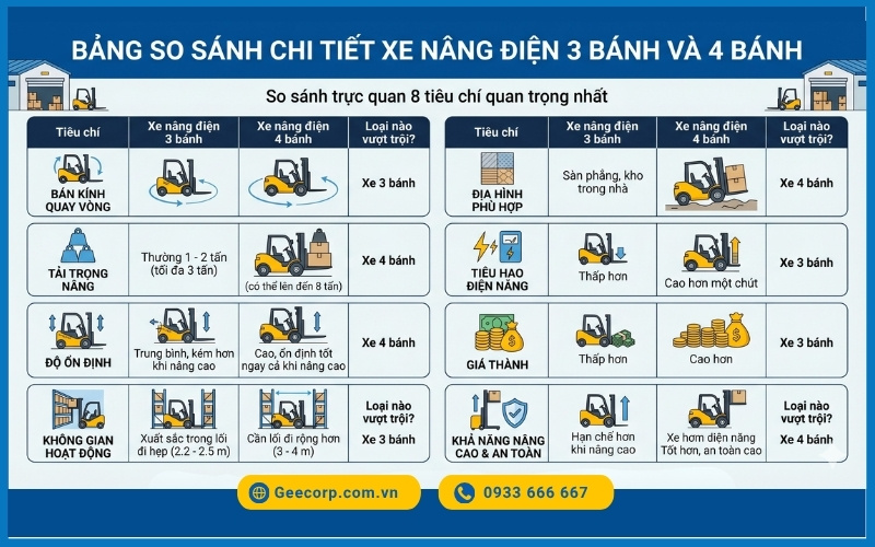 8 Tiêu chí so sánh sự khác biệt giữa xe nâng điện 3 bánh và 4 bánh