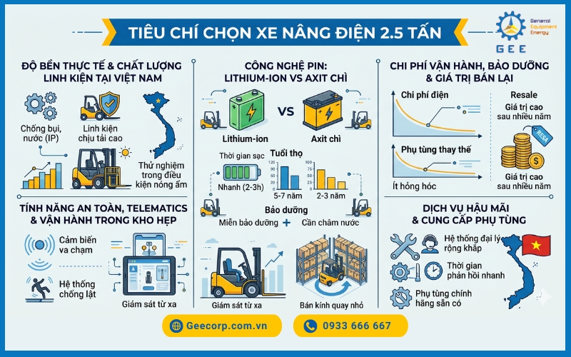 Các tiêu chí ưu tiên khi chọn xe nâng điện 2,5 tấn