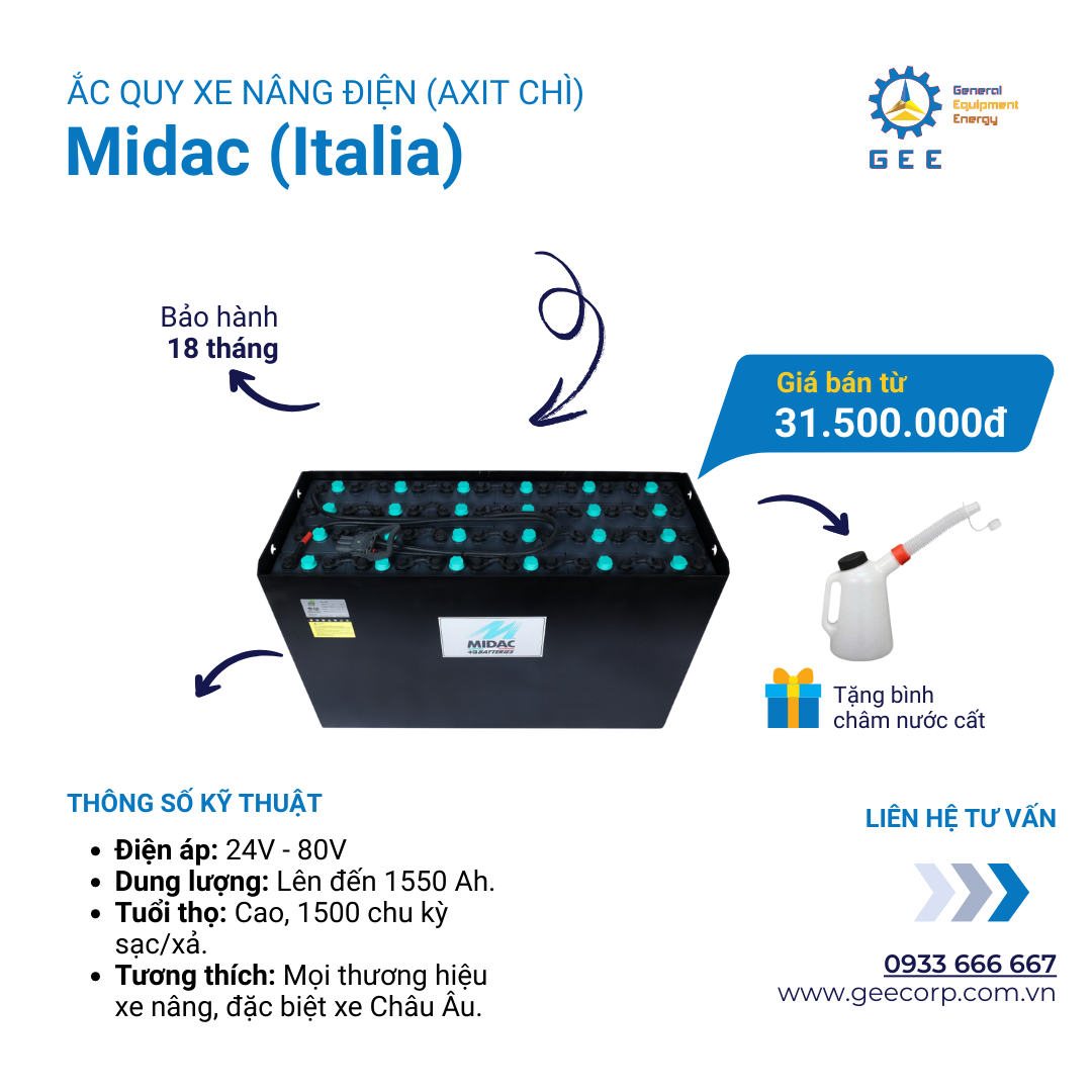  Ắc quy xe nâng điện đứng lái MIDAC (Ý - Châu Âu)