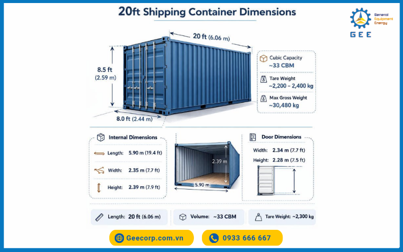 Chi tiết kích thước container 20ft (20DC) cơ bản