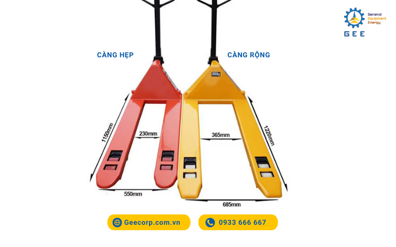 so sánh xe nâng tay càng rộng, càng hẹp