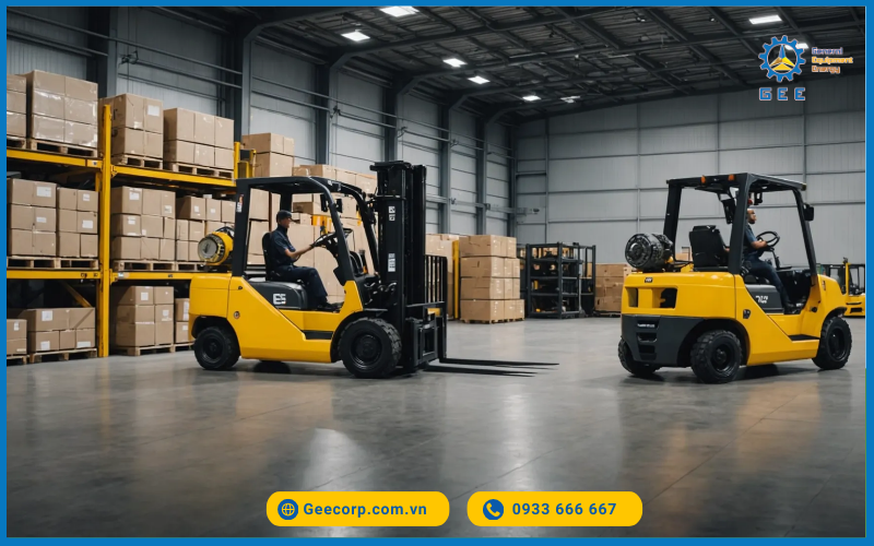 Xe nâng dầu CAT vận hành tại kho xưởng sản xuất lớn