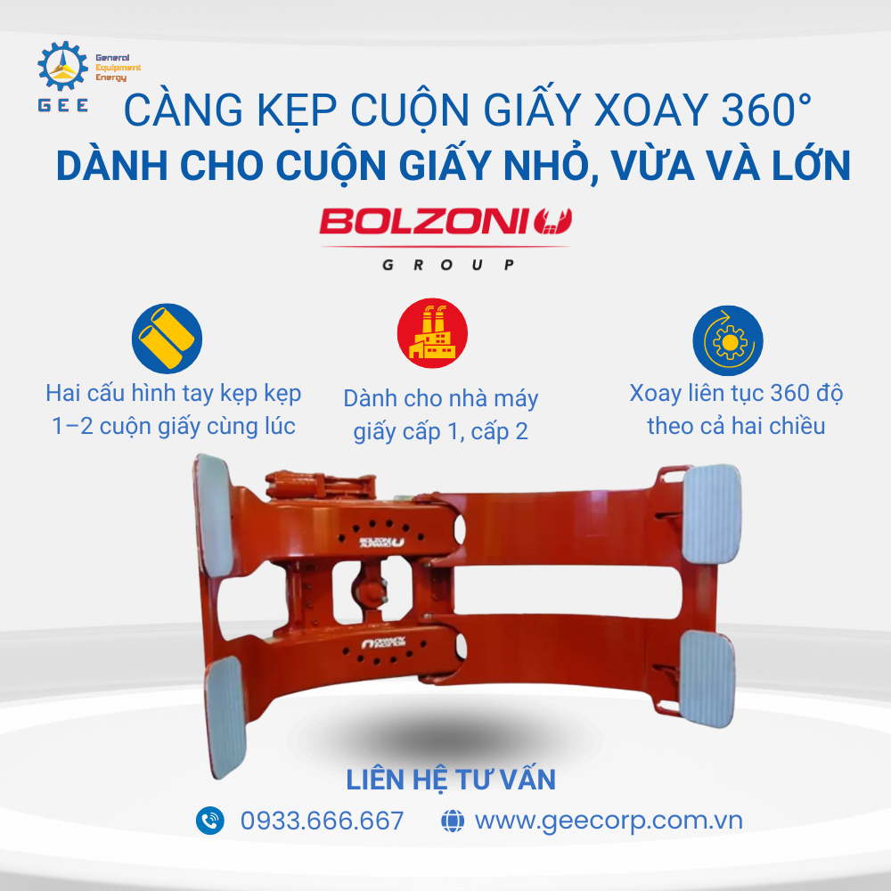 Càng kẹp cuộn giấy hiệu BOLZONI (Ý) xoay 360 độ dành cho nhà máy giấy cấp 1 và cấp 2.