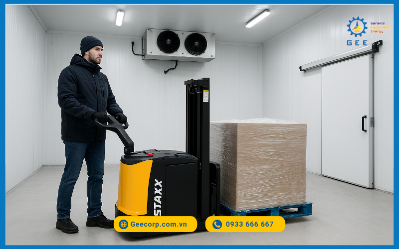 Xe nâng tay điện/Pallet mover STAXX pin lithium vận hành trong kho lạnh.