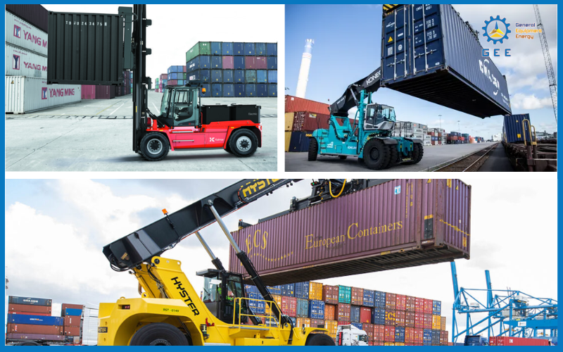 So sánh chi tiết 3 loại xe nâng container Kalmar, Konecranes và Hyster.
