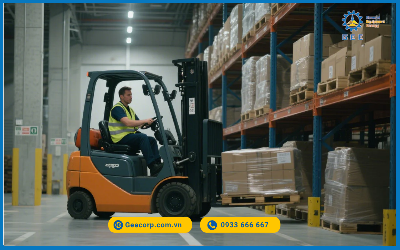 Vest phản quang an toàn cho người vận hành trong kho.