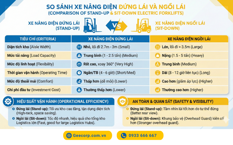 So sánh xe nâng điện đứng lái và xe nâng điện ngồi lái