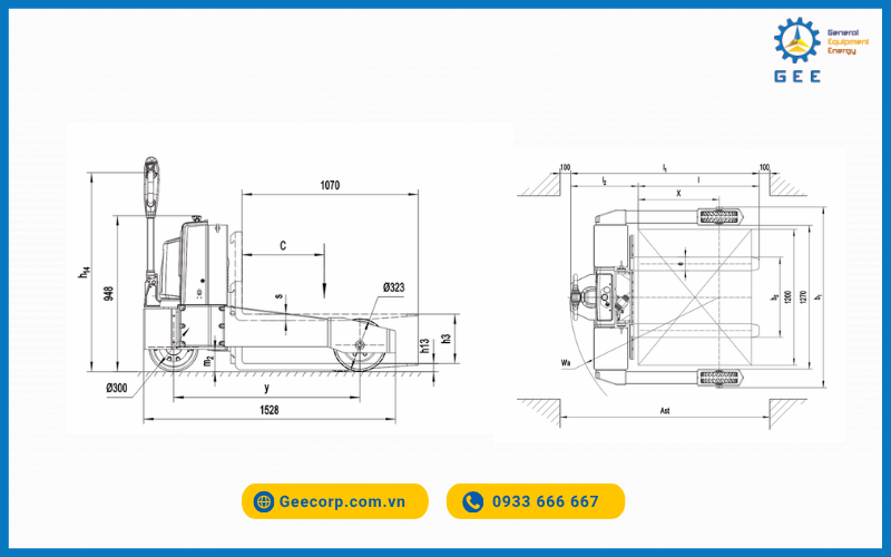 Bản vẽ kỹ thuật Xe nâng tay điện Noblelift PWS-150R/230R 1.5-2.3 Tấn (1.5–2.3T)