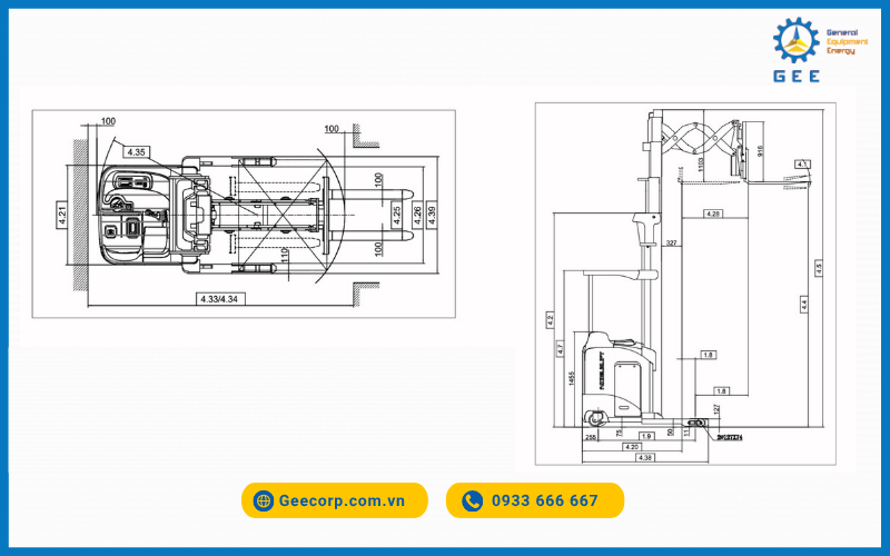 Bản vẽ kỹ thuật Xe nâng điện đứng lái Noblelift RT15DP đứng lái (1.6–2.0 tấn) A Series 