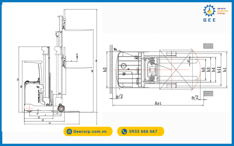 Bản vẽ kĩ thuật Xe nâng reach truck đứng lái Noblelift RT15ST2 