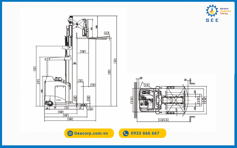 Bản vẽ kỹ thuật Xe nâng reach truck RT15DP-H đứng lái (1.5 tấn)