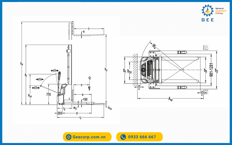 Bản vẽ kĩ thuật Xe nâng stacker Noblelift PSE12NSL 1.2 Tấn (1.2T)