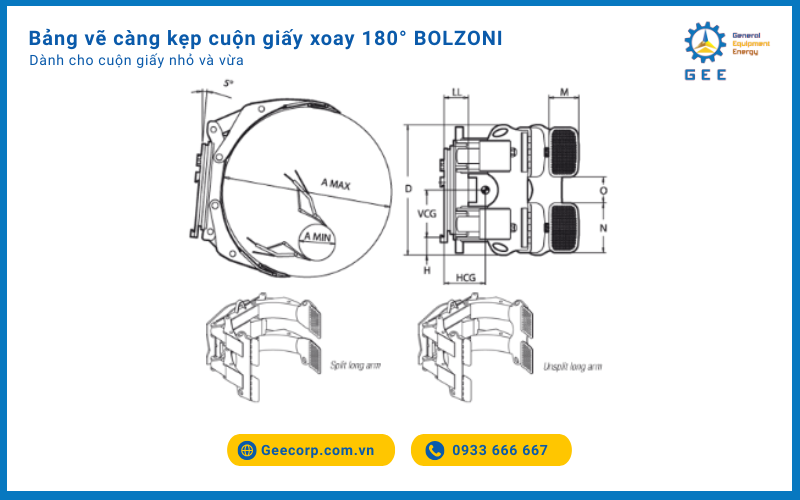 Bảng vẽ càng kẹp cuộn giấy xoay 180° BOLZONI dành cho cuộn giấy nhỏ và vừa.
