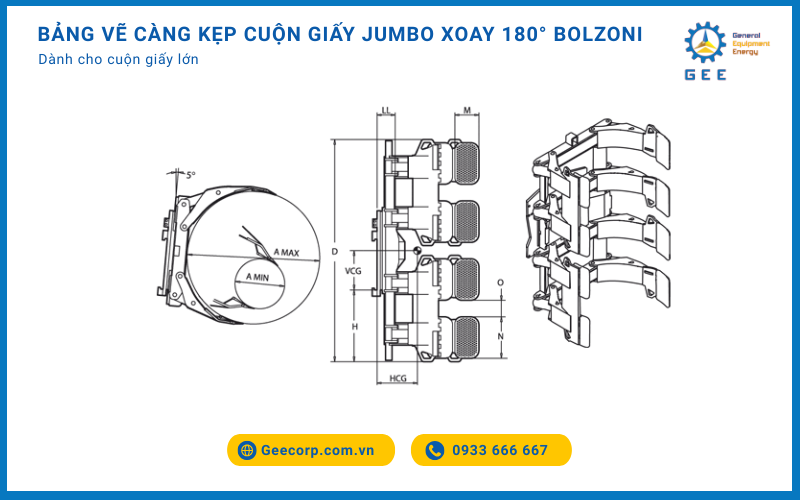 Bảng vẽ càng kẹp cuộn giấy JUMBO xoay 180° BOLZONI thiết kế 4 tay kẹp.