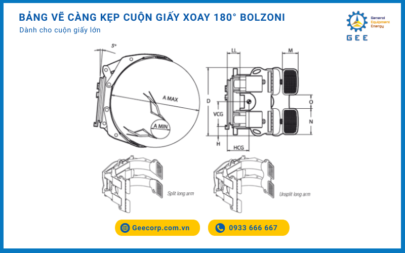 Bảng vẽ càng kẹp cuộn giấy xoay 180° BOLZONI dành cho cuộn giấy lớn.