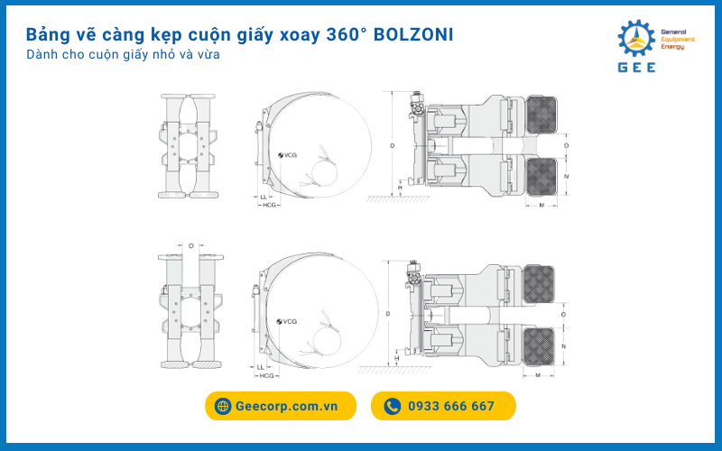 Bảng vẽ càng kẹp cuộn giấy xoay 360° BOLZONI dành cho cuộn giấy nhỏ và vừa.