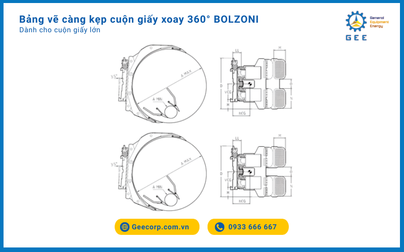 Bảng vẽ càng kẹp cuộn giấy xoay 360° BOLZONI dành cho cuộn giấy lớn.