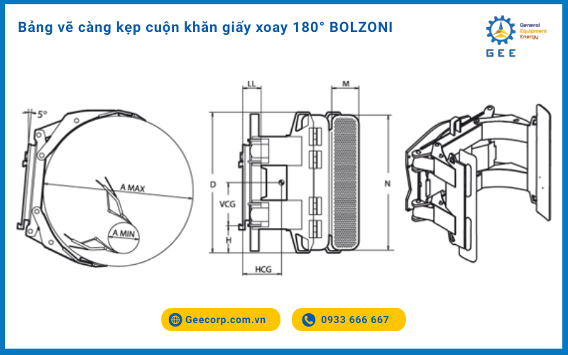 Bảng vẽ càng kẹp cuộn khăn giấy xoay 180° BOLZONI thiết kế 2 tay kẹp.