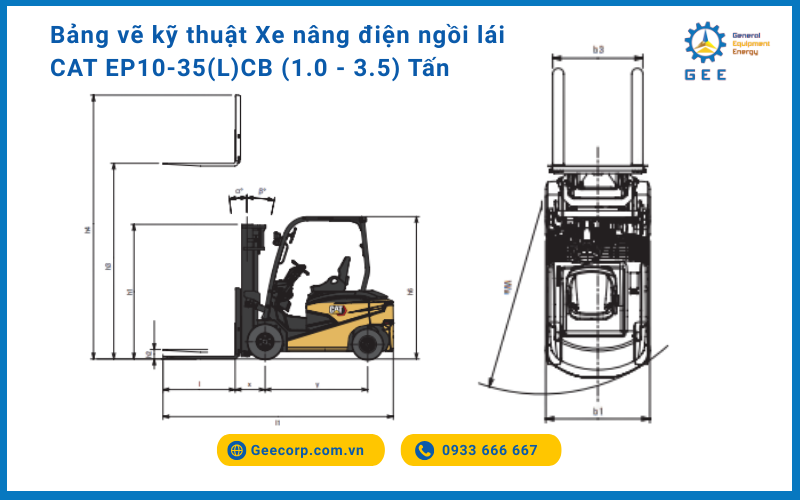 Bảng vẽ kỹ thuật Xe nâng điện ngồi lái CAT EP10-35(L)CB (1.0 - 3.5) Tấn.