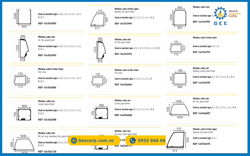 Thông số kỹ thuật kiếng xe JCB 540, JCB 541, JCB 535 Glassinter TVH