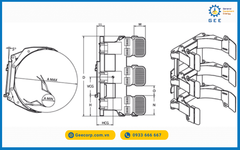 Bảng vẽ kĩ thuật càng kẹp giấy Bolzoni.